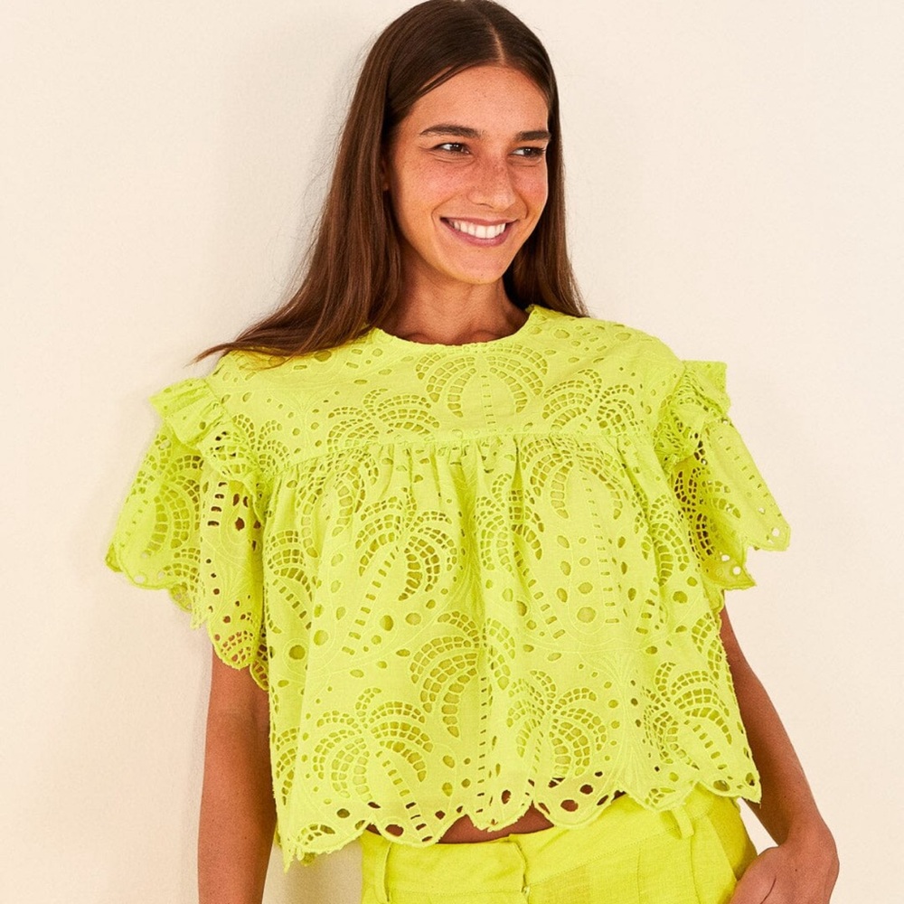 FARM RIO Lime Green Palm Tree Richelieu Blouse by Farm Rio SIZE MEDIUM